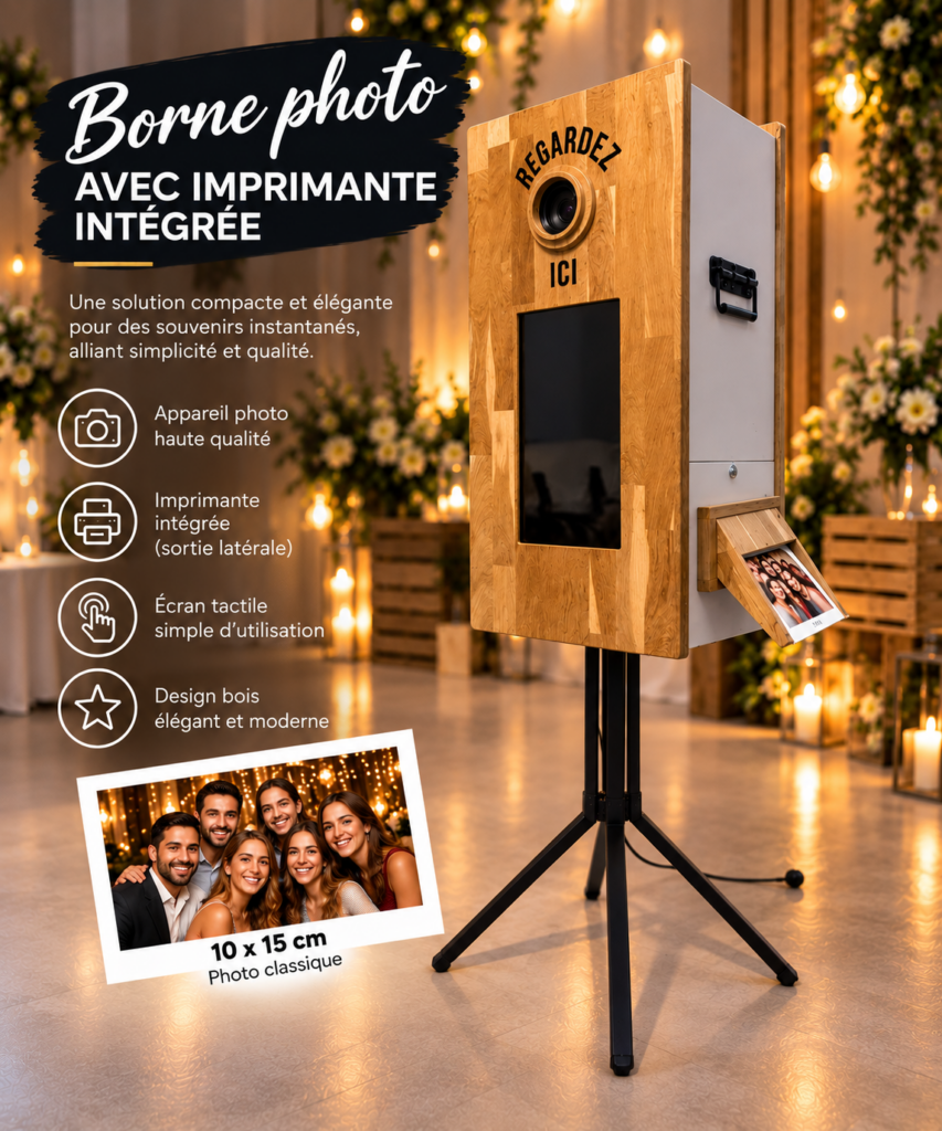 Borne photo en bois avec imprimante intégrée à sortie latérale, sur trépied