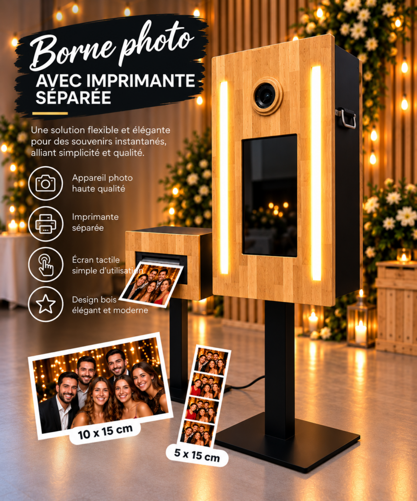 Borne photo en bois éclairée avec son imprimante séparée, tirages 10x15 et bandelettes 5x15